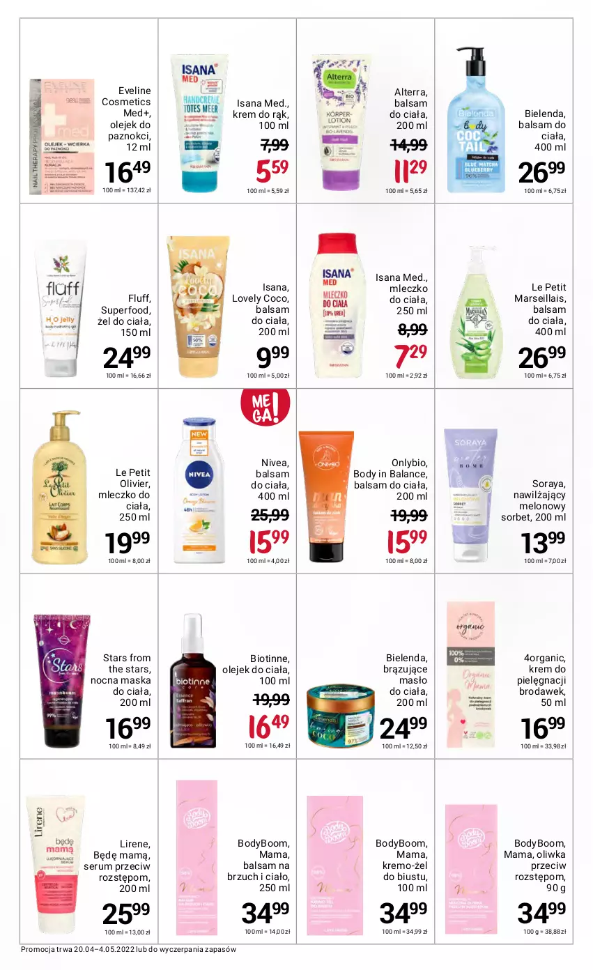 Gazetka promocyjna Rossmann - ważna 20.04 do 04.05.2022 - strona 33 - produkty: Alterra, Balsam do ciała, Bielenda, Body, Eveline, Isana, Krem do rąk, Lirene, Lovely, Mars, Maska, Masło, Masło do ciała, Melon, Mleczko, Mleczko do ciała, Nivea, Olej, Olejek do ciała, Rum, Ser, Serum