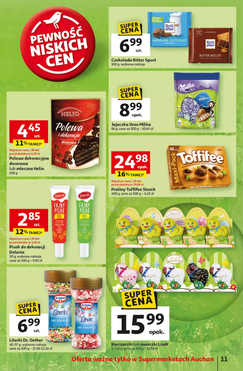 Gazetka promocyjna Auchan - WIELKA MOC Niskich Cen Supermarket - ważna 10.04 do 19.04.2025 - strona 13 - produkty: Czekolada, Delecta, Deser, Dr. Oetker, Helio, Lindt, Por, Praliny, Ritter Sport, Ser, Sport, Toffifee