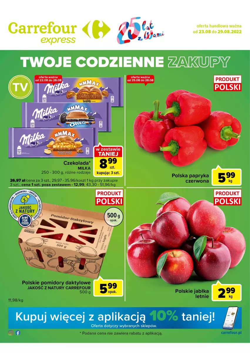 Gazetka promocyjna Carrefour - Gazetka Express - ważna 23.08 do 29.08.2022 - strona 1 - produkty: Czekolada, Fa, Jabłka, Kosz, Milka, Papryka, Pomidory