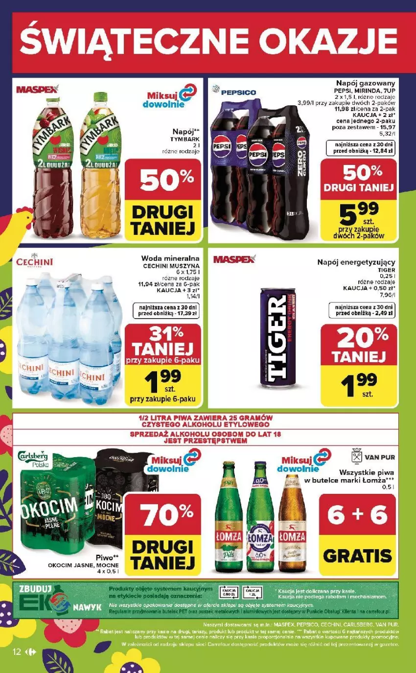 Gazetka promocyjna Carrefour - Gazetka Weekend okazji już od środy! - ważna 01.04 do 04.04.2026 - strona 12 - produkty: 7up, Fa, Koc, Mirinda, Mus, Okocim, Pepsi, Piwa, Piwo, Pur, Szyna, Tiger, Tymbark, Woda, Woda mineralna