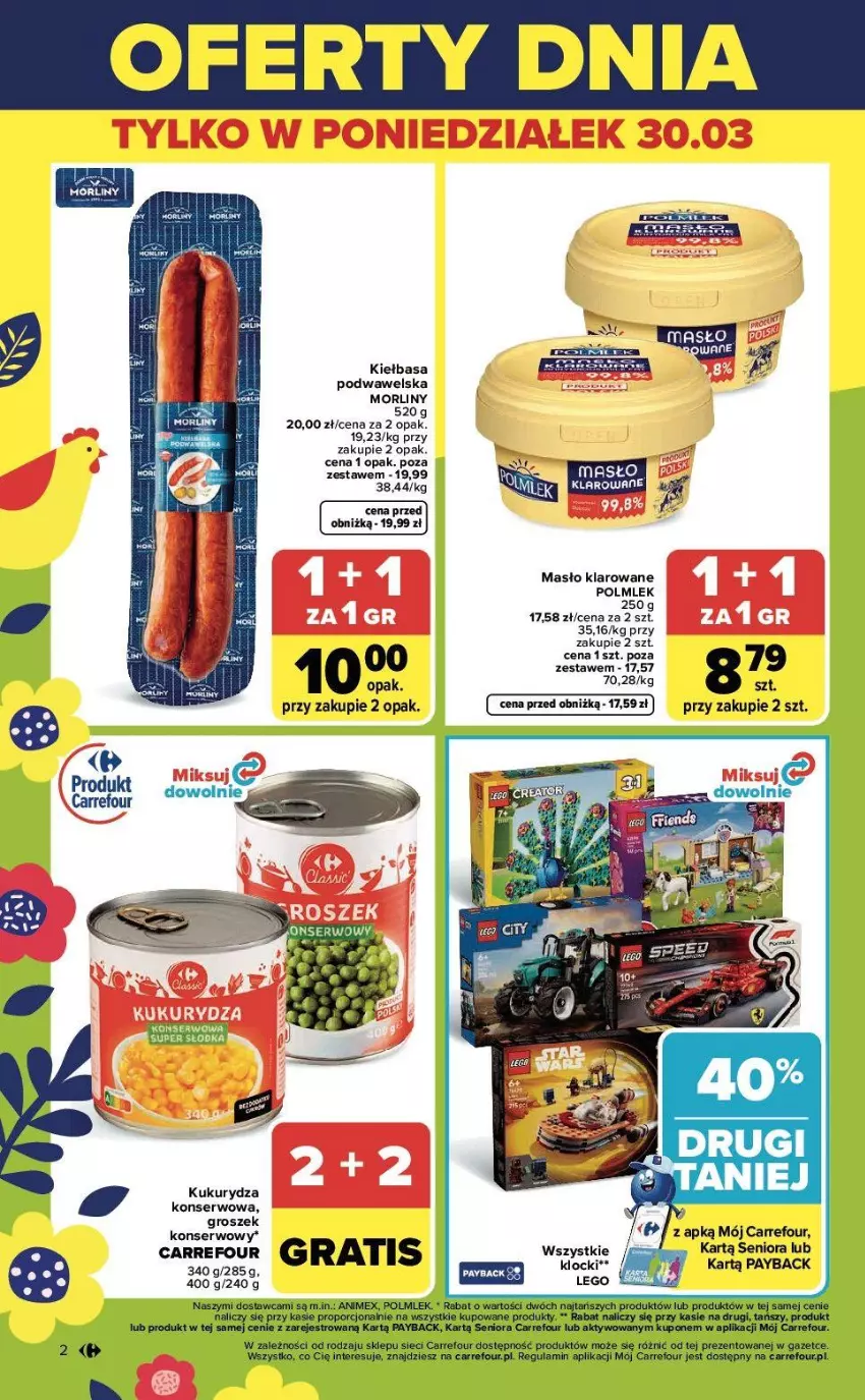 Gazetka promocyjna Carrefour - Gazetka Weekend okazji już od środy! - ważna 01.04 do 04.04.2026 - strona 2 - produkty: Groszek, Kiełbasa, Kiełbasa podwawelska, Klocki, Kukurydza, Kukurydza konserwowa, Masło, Masło klarowane, Morliny, POLMLEK, Ser, Wawel