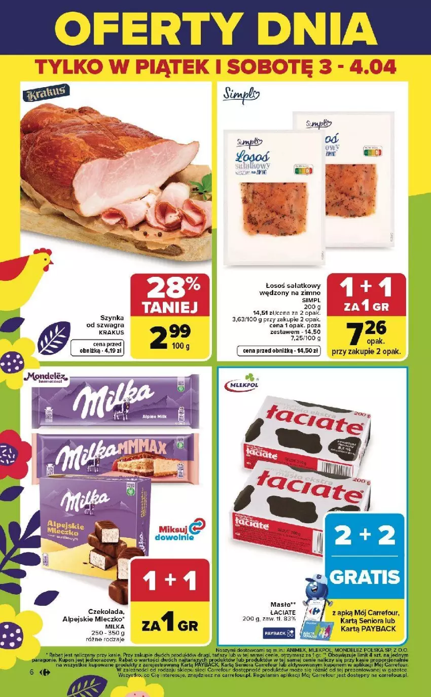 Gazetka promocyjna Carrefour - Gazetka Weekend okazji już od środy! - ważna 01.04 do 04.04.2026 - strona 6 - produkty: Czekolada, Gra, Krakus, Milka, Mleczko, Sałat, Szynka, Tera