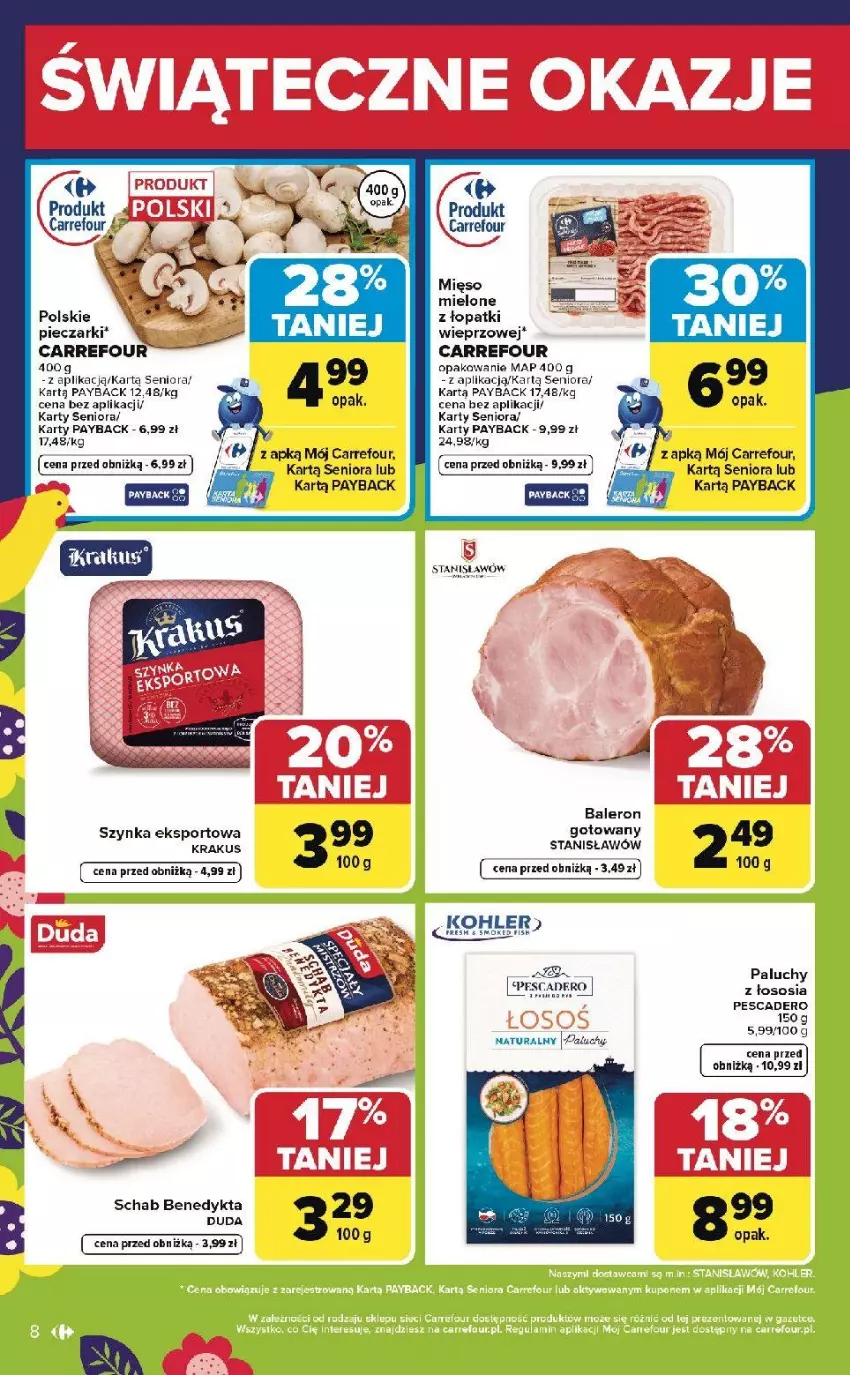 Gazetka promocyjna Carrefour - Gazetka Weekend okazji już od środy! - ważna 01.04 do 04.04.2026 - strona 8 - produkty: Duda, Fa, Krakus, Mięso, Mięso mielone, Piec, Por, Schab Benedykta, Sport, Szynka