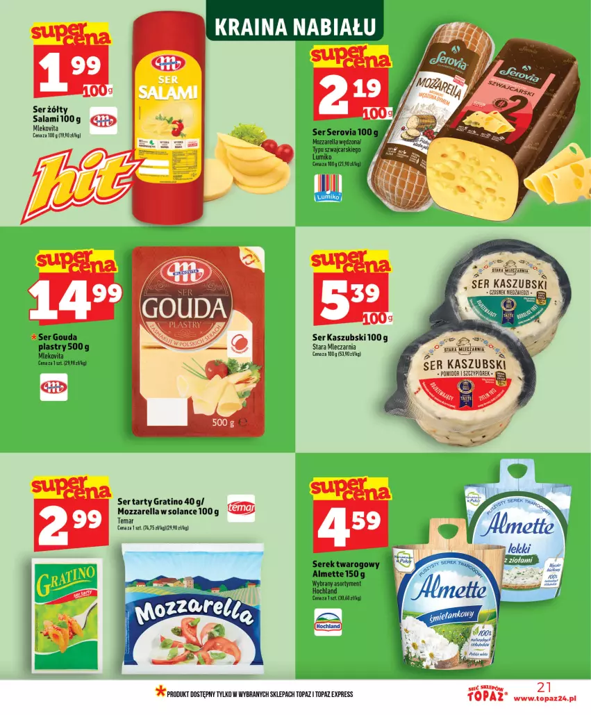 Gazetka promocyjna Topaz - Gazetka - ważna 18.06 do 24.06.2026 - strona 21 - produkty: Almette, Czosnek, Gouda, Gra, Hochland, Mleko, Mlekovita, Mozzarella, Salami, Ser, Serek, Serek twarogowy, Solan, Top, Vita C