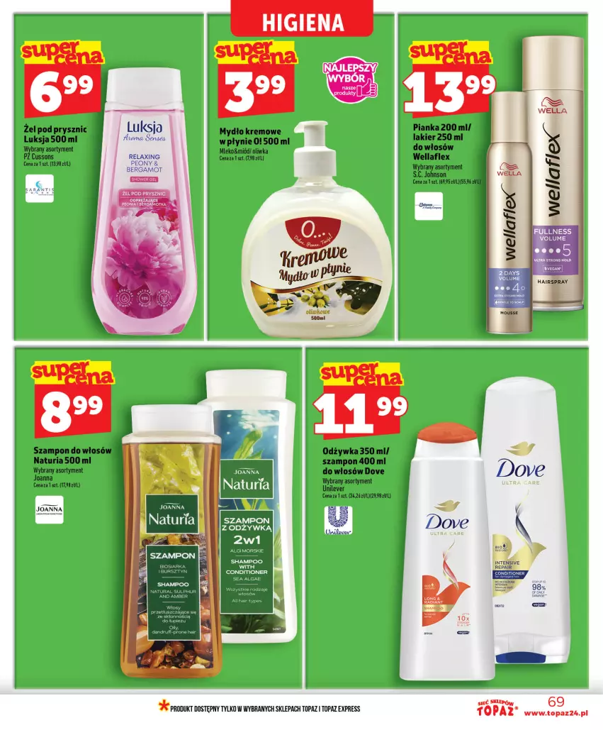 Gazetka promocyjna Topaz - Gazetka - ważna 18.06 do 24.06.2026 - strona 69 - produkty: Bursztyn, Dove, Fa, Gra, Joanna, Lakier, LG, Luksja, Miód, Mleko, Odżywka, Szampon, Top