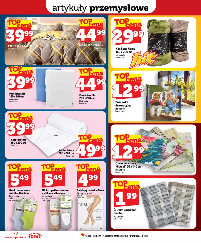 Gazetka promocyjna Topaz - Gazetka - ważna 18.06 do 24.06.2026 - strona 72 - produkty: Koc, Kołdra, Obrus, Poszewka, Prześcieradło, Rajstopy, Top