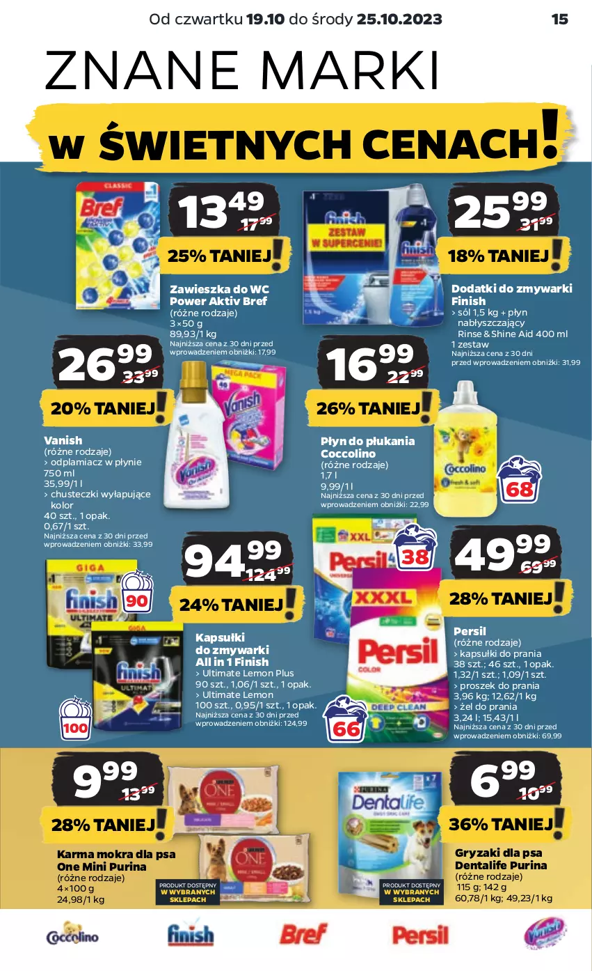 Gazetka promocyjna Netto - Artykuły spożywcze - ważna 19.10 do 25.10.2023 - strona 15 - produkty: Bref, Chusteczki, Coccolino, Finish, Gry, Kapsułki do prania, Odplamiacz, Persil, Płyn do płukania, Płyn nabłyszczający, Proszek do prania, Pur, Purina, Sól, Vanish, Zawieszka do wc, Zmywarki