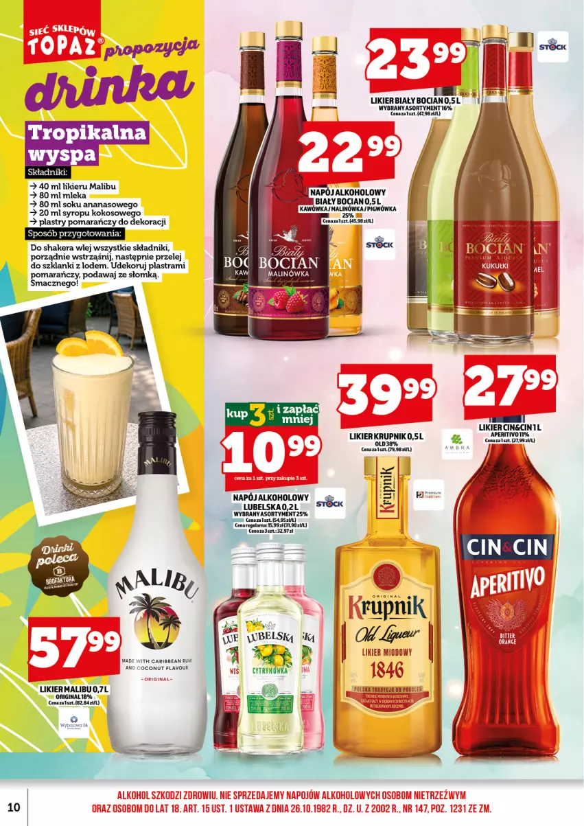 Gazetka promocyjna Topaz - Gazetka - ważna 01.08 do 16.08.2026 - strona 12 - produkty: Ananas, Biały Bocian, Gin, Kokos, Krupnik, Lanki, Likier, Malibu, Napój, Por, Rum, Sok, Syrop
