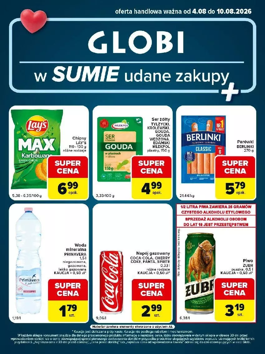 Gazetka promocyjna Carrefour - Gazetka Globi w SUMIE udane zakupy - ważna 04.08 do 10.08.2026 - strona 1 - produkty: Berlinki, Chipsy, Coca-Cola, Edam, Fa, Fanta, Gouda, Gra, Napój, Napój gazowany, Parówki, Piwa, Piwo, Prima, Primavera, Ser, Woda, Woda mineralna