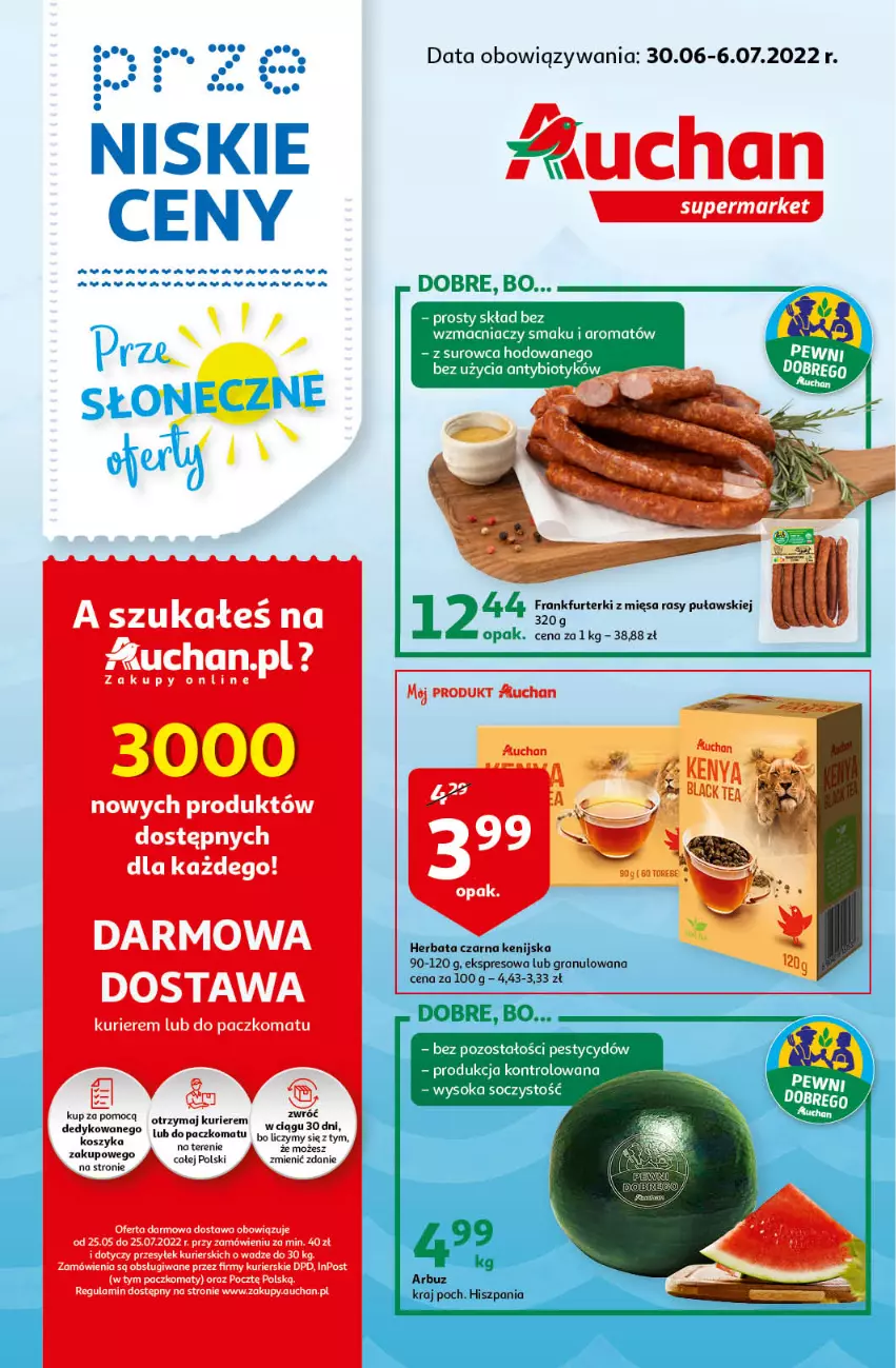 Gazetka promocyjna Auchan - przeNISKIE CENY Prze SŁONECZNE oferty Supermarkety - ważna 30.06 do 06.07.2022 - strona 1 - produkty: Dada, Frankfurterki
