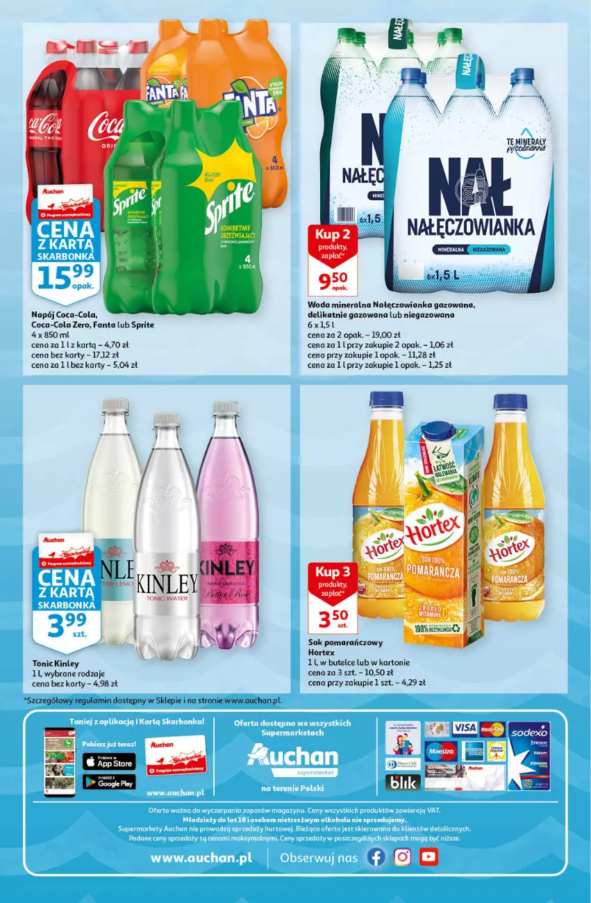 Gazetka promocyjna Auchan - przeNISKIE CENY Prze SŁONECZNE oferty Supermarkety - ważna 30.06 do 06.07.2022 - strona 8 - produkty: Coca-Cola, Fa, Fanta, Gin, Hortex, Nałęczowianka, Napój, Sok, Sok pomarańczowy, Sprite, Woda, Woda mineralna