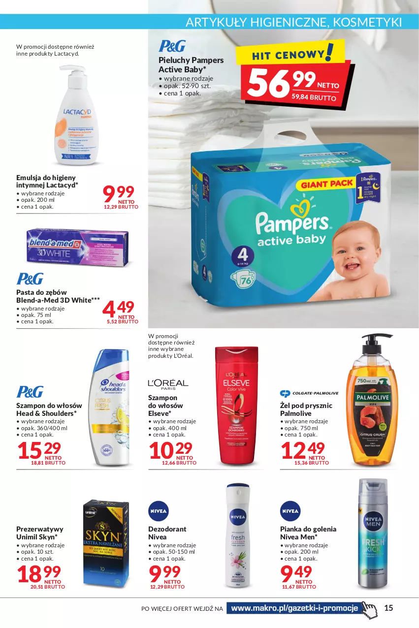 Gazetka promocyjna Makro - Najlepsze oferty - oferta z alkoholem - ważna 04.10 do 17.10.2022 - strona 15 - produkty: Blend-a-Med, Dezodorant, Elseve, Emulsja, L’Oréal, Lactacyd, Nivea, Nivea Men, Palmolive, Pampers, Pasta do zębów, Pianka do golenia, Pieluchy, Prezerwatyw, Skyn, Szampon, Unimil