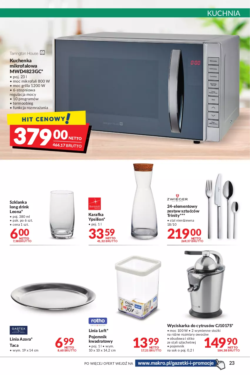 Gazetka promocyjna Makro - Najlepsze oferty - oferta z alkoholem - ważna 04.10 do 17.10.2022 - strona 23 - produkty: Fa, Gra, Grill, Karafka, Kuchenka mikrofalowa, Kuchnia, Leon, Lion, Pojemnik, Sitko, Sok, Szklanka, Taca, Top, Wyciskarka, Zestaw sztućców