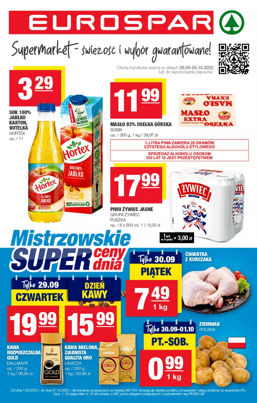 Gazetka promocyjna Spar - EuroSpar - ważna 25.09 do 05.10.2022 - strona 1 - produkty: Dallmayr, Hortex, Kawa, Kurczak, Lavazza, Piwo, Sok