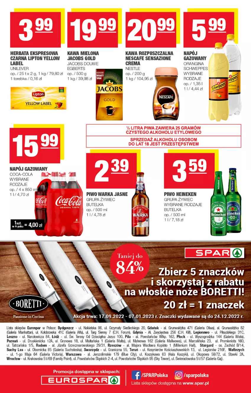 Gazetka promocyjna Spar - EuroSpar - ważna 25.09 do 05.10.2022 - strona 8 - produkty: Coca-Cola, Dzieci, Fa, Gin, Gra, Heineken, Herbata, Jacobs, Kawa, Kawa mielona, Kawa rozpuszczalna, Kosz, Lipton, Napój, Oliwa, Piwo, Rum, Schweppes, Torebka, Warka