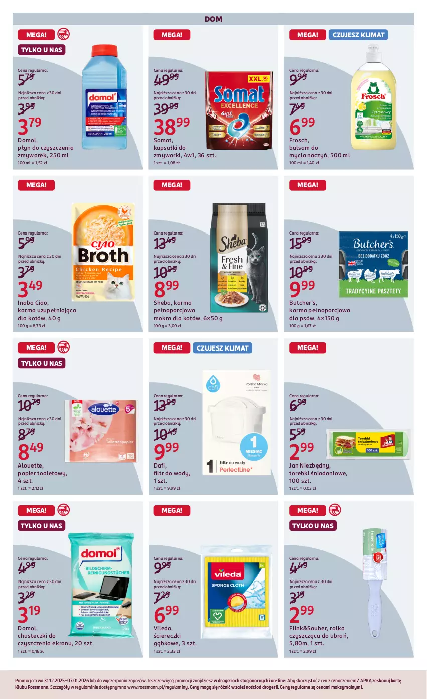 Gazetka promocyjna Rossmann - 31 grudnia - ważna 31.12.2025 do 07.01.2026 - strona 3 - produkty: Alouette, Balsam do mycia naczyń, Chusteczki, Chusteczki do czyszczenia, Danio, Do mycia naczyń, Domol, Frosch, Jan Niezbędny, Papier, Papier toaletowy, Por, Sheba, Somat, Vileda, Zmywarki