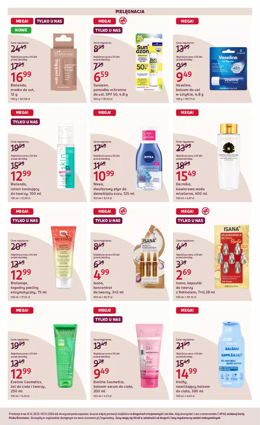 Gazetka promocyjna Rossmann - 31 grudnia - ważna 31.12.2025 do 07.01.2026 - strona 8 - produkty: Balsam do ciała, Balsam do ust, Bielenda, Dermika, Eveline, Fa, Isana, Kawior, Makijaż, Maska, Nawilżający balsam, Nivea, Peeling, Rum, Ser, Serum, Woda, Woda micelarna