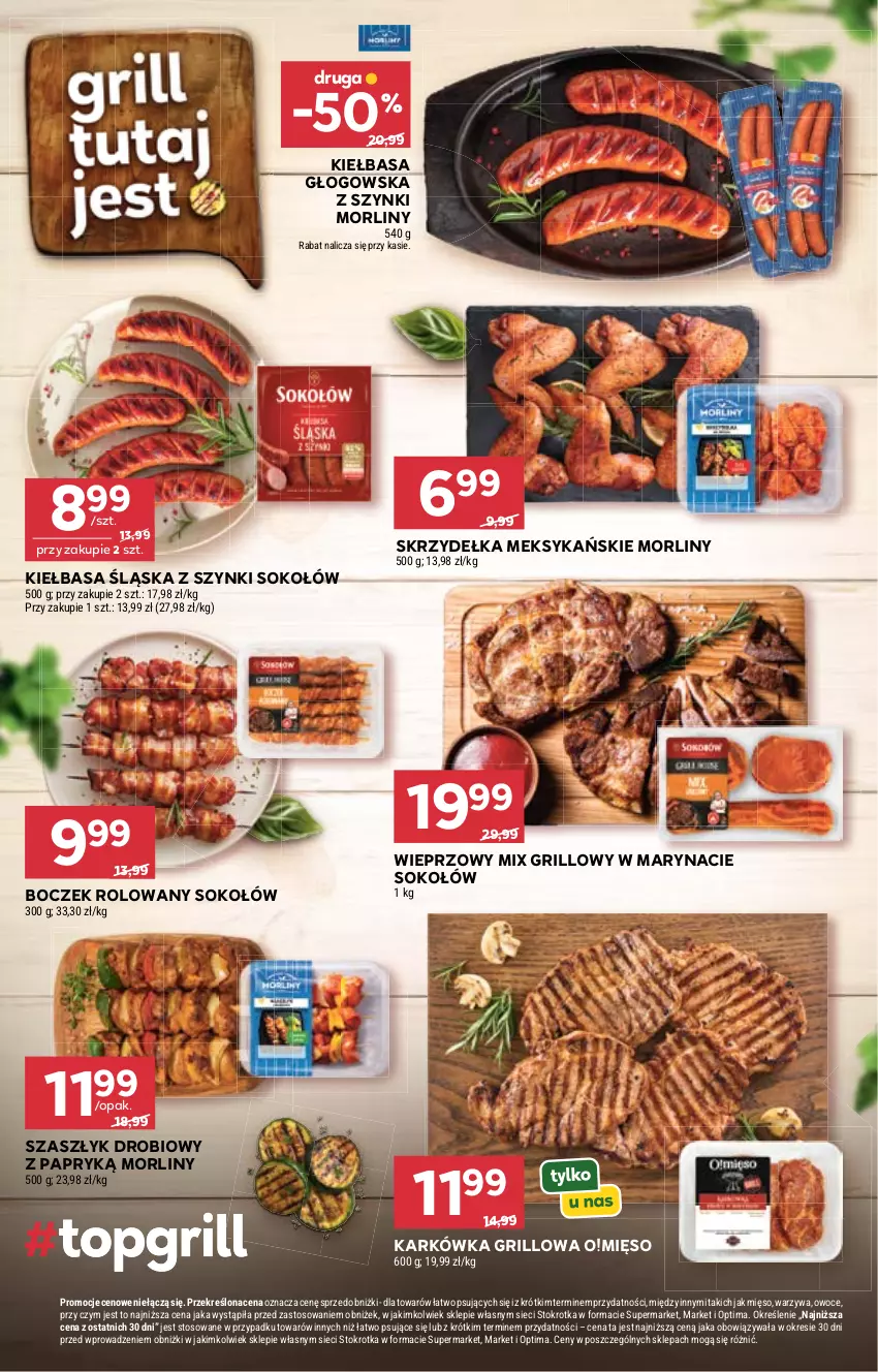Gazetka promocyjna Stokrotka - Express - ważna 11.06 do 17.06.2026 - strona 12 - produkty: Boczek, Grill, Kiełbasa, Kiełbasa głogowska, Kiełbasa śląska, Mięso, Morliny, Optima, Owoce, Sok, Sokołów, Warzywa