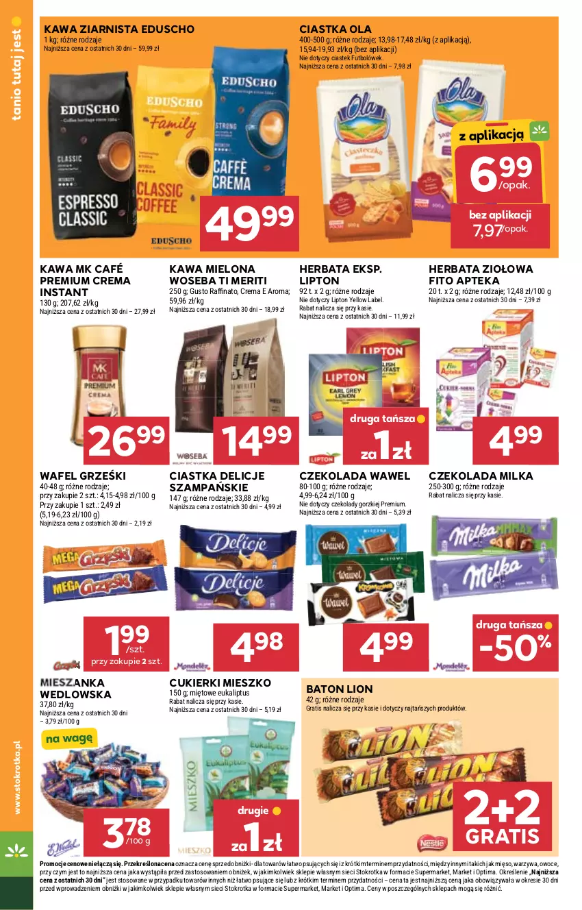Gazetka promocyjna Stokrotka - Express - ważna 11.06 do 17.06.2026 - strona 22 - produkty: Apteka, Baton, Ciastka, Cukier, Cukierki, Czekolada, Delicje, Gra, Grześki, Herbata, Kawa, Kawa mielona, Kawa ziarnista, Lion, Lipton, Mięso, Mieszanka wedlowska, Milka, Optima, Owoce, Stek, Warzywa, Wawel, Woseba