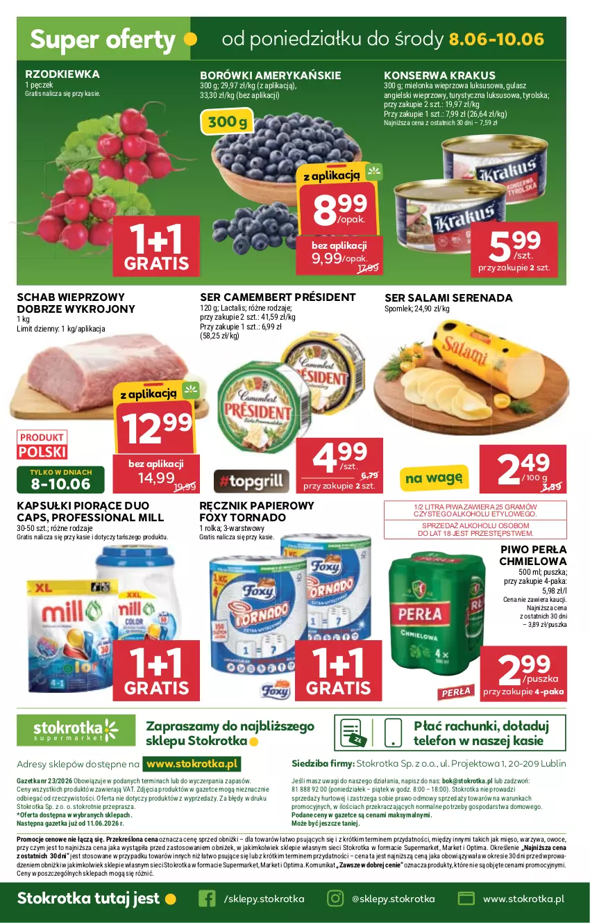 Gazetka promocyjna Stokrotka - Express - ważna 11.06 do 17.06.2026 - strona 36 - produkty: Camembert, Dres, Foxy, Gra, JBL, Krakus, Mięso, O nas, Optima, Owoce, Papier, Perła, Piwa, Piwo, Président, Ręcznik, Rzodkiewka, Salami, Schab wieprzowy, Ser, Ser salami, Telefon, Wagi, Warzywa
