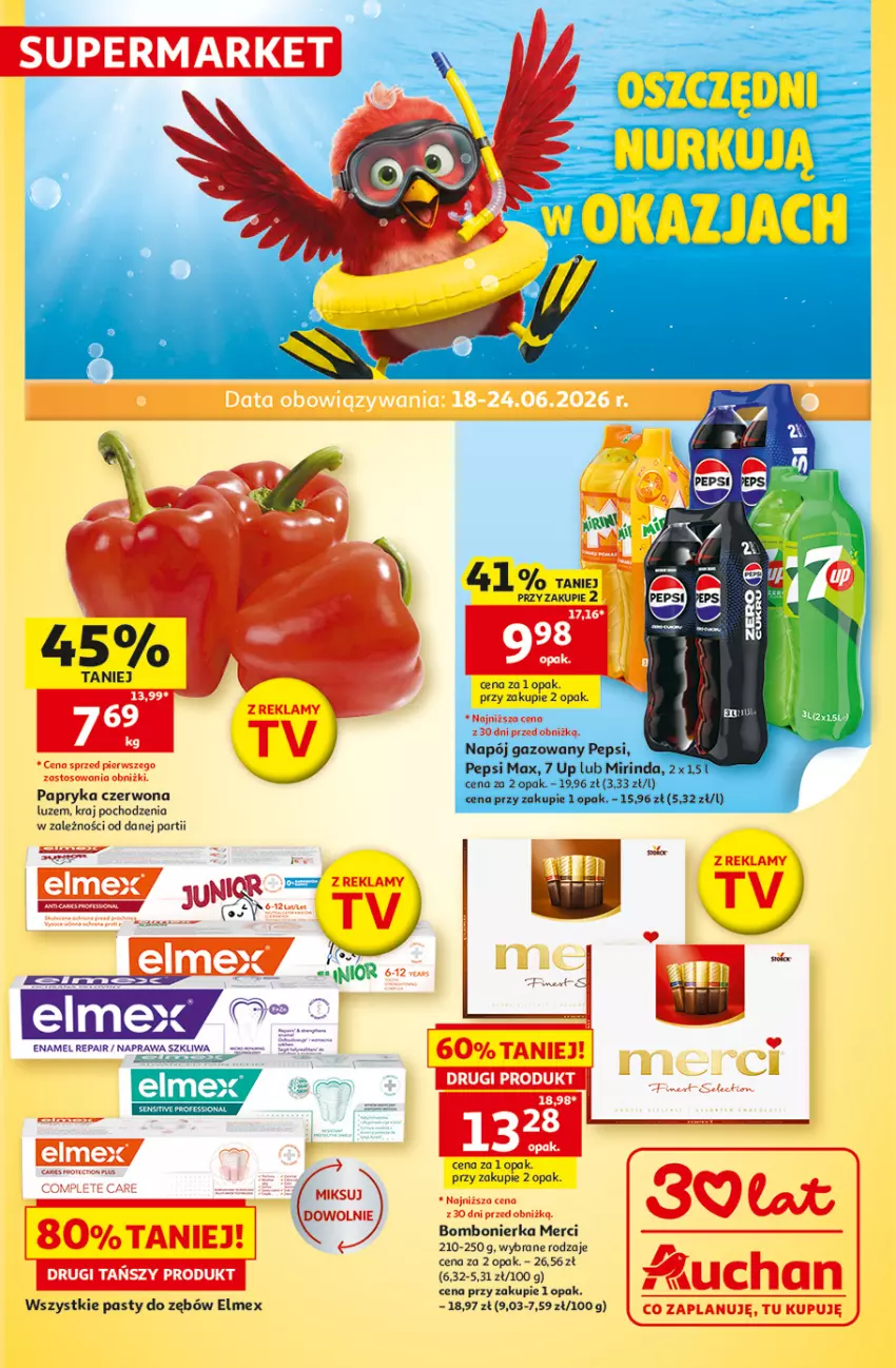 Gazetka promocyjna Auchan - 30 Lat Supermarket - ważna 18.06 do 24.06.2026 - strona 1 - produkty: Elmex, Merci, Mirinda, Napój, Napój gazowany, Papryka, Papryka czerwona, Pepsi, Pepsi max