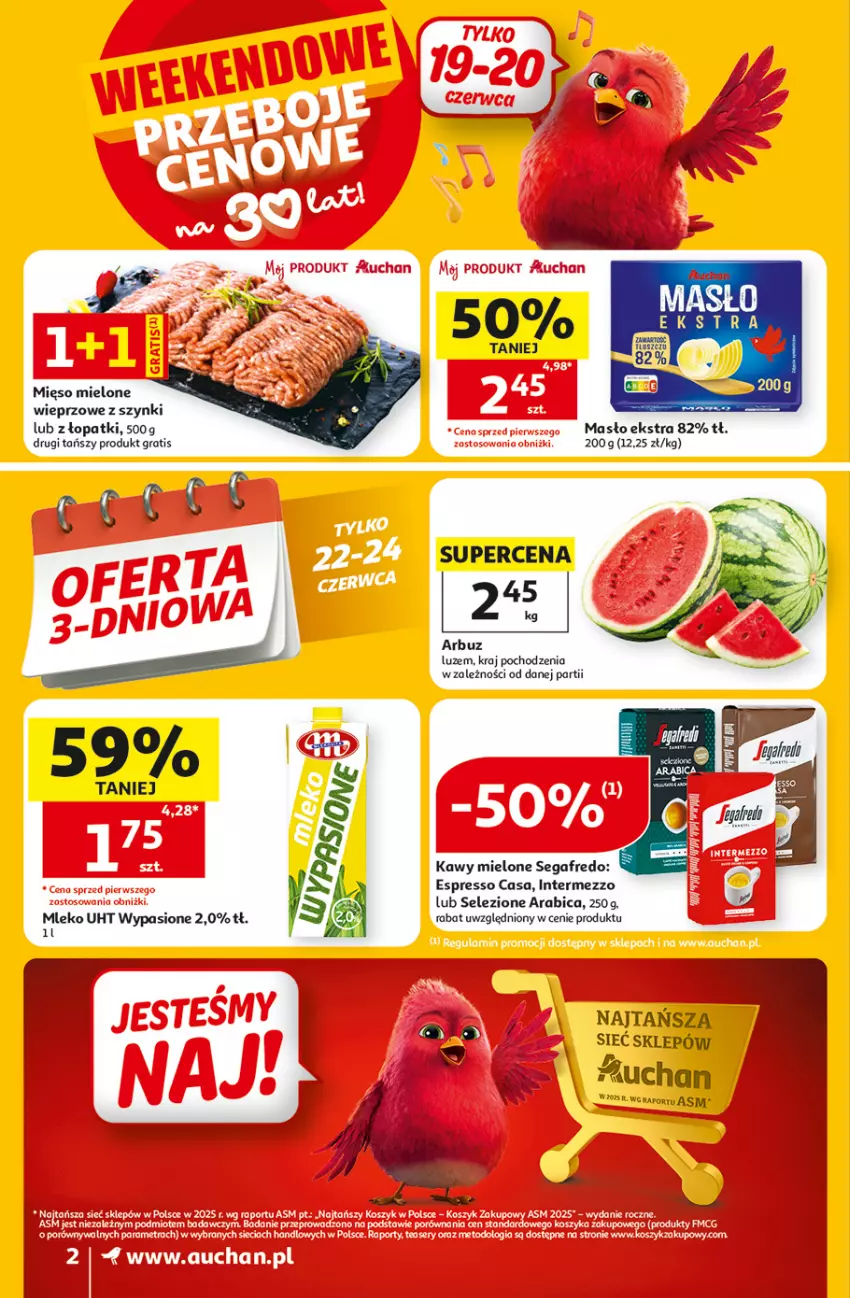 Gazetka promocyjna Auchan - 30 Lat Supermarket - ważna 18.06 do 24.06.2026 - strona 2 - produkty: Arbuz, BIC, Gra, Masło, Mięso, Mięso mielone, Mleko, Segafredo