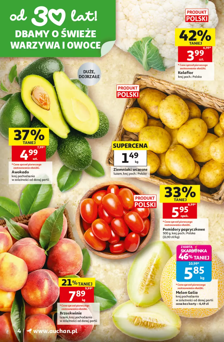 Gazetka promocyjna Auchan - 30 Lat Supermarket - ważna 18.06 do 24.06.2026 - strona 4 - produkty: Brzoskwinie, Fa, Melon, Owoce, Pomidory, Warzywa, Warzywa i owoce, Ziemniaki