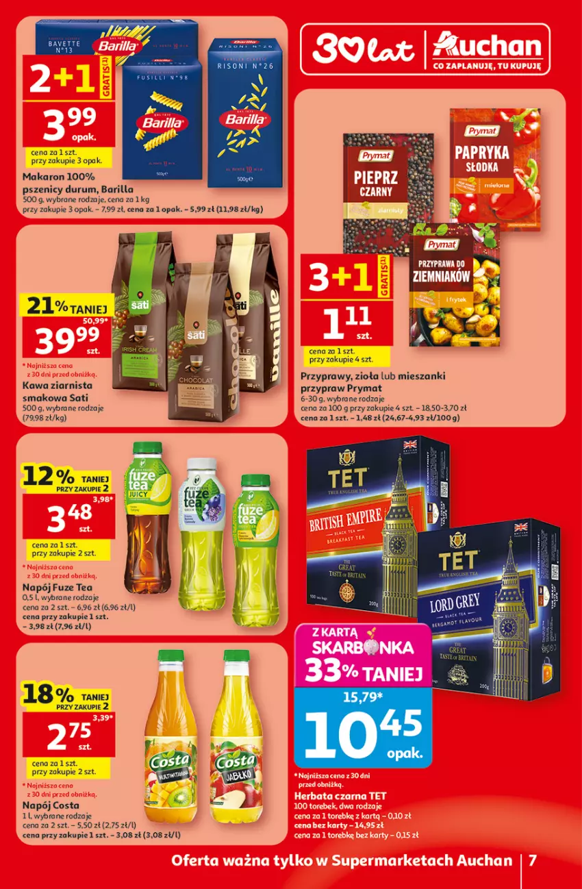 Gazetka promocyjna Auchan - 30 Lat Supermarket - ważna 18.06 do 24.06.2026 - strona 7 - produkty: Barilla, Kawa, Kawa ziarnista, Makaron, Napój, Prymat, Przyprawy, Rum, Sati
