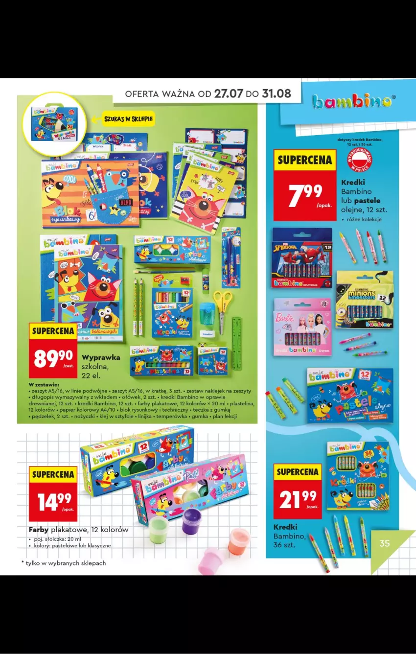 Gazetka promocyjna Biedronka - Gazetka - ważna 20.07 do 31.08.2026 - strona 35 - produkty: Długopis, Fa, Klej, Olej, Papier, Pastele olejne, Plastelina