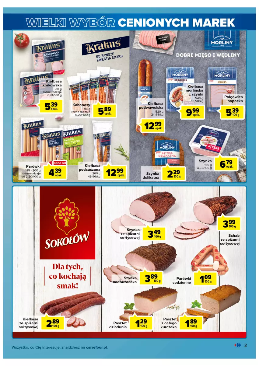 Gazetka promocyjna Carrefour - Gazetka Wielki wybór cenionych marek - ważna 01.03 do 12.03.2022 - strona 3 - produkty: Kabanos, Kiełbasa, Koc, Kurczak, Parówki, Pasztet, Polędwica, Szynka, Wawel