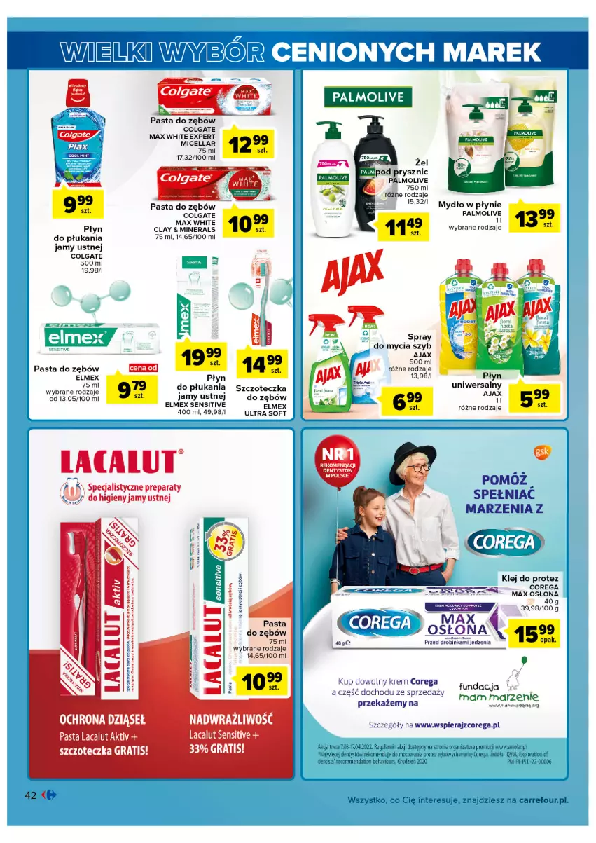 Gazetka promocyjna Carrefour - Gazetka Wielki wybór cenionych marek - ważna 01.03 do 12.03.2022 - strona 42 - produkty: Ajax, Colgate, Corega, Elmex, Gra, Inka, Klej, Lacalut, LG, Mola, Mydło, Mydło w płynie, Palmolive, Pasta do zębów, Szczoteczka