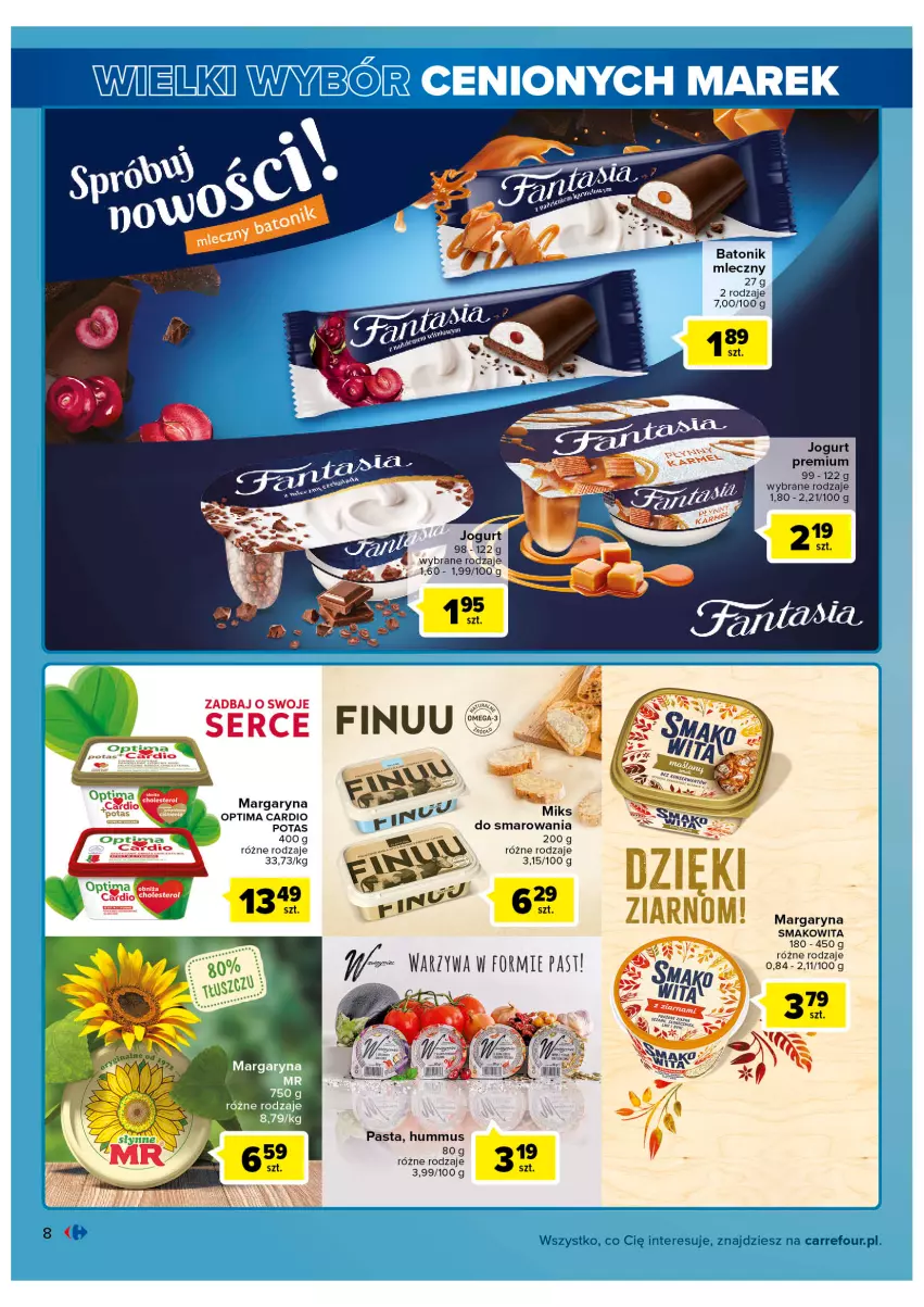 Gazetka promocyjna Carrefour - Gazetka Wielki wybór cenionych marek - ważna 01.03 do 12.03.2022 - strona 8 - produkty: Baton, Hummus, Jogurt, Margaryna, Mus, Optima, Optima Cardio, Smakowita, Tonik