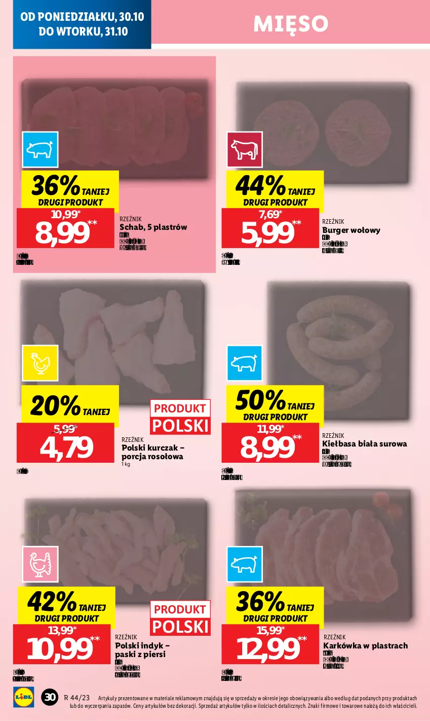 Gazetka promocyjna Lidl - GAZETKA - ważna 30.10 do 31.10.2023 - strona 44 - produkty: Burger, Kiełbasa, Kiełbasa biała, Kurczak, Mięso, Por