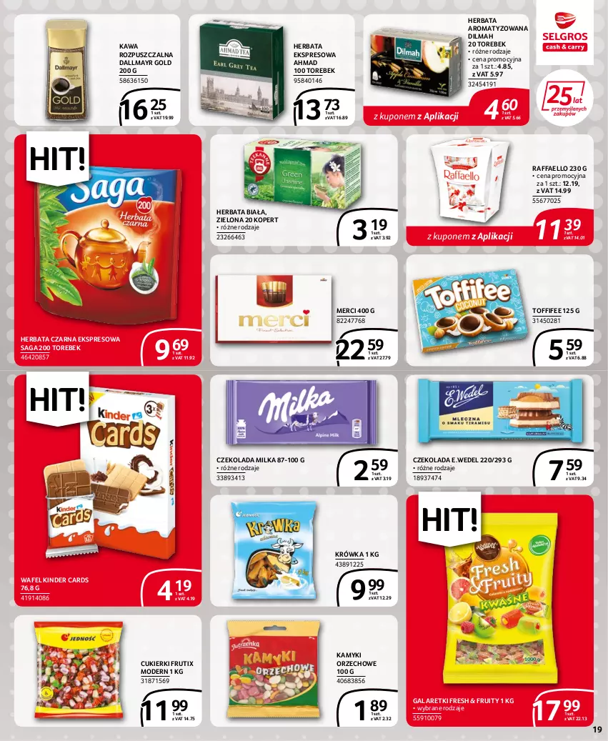 Gazetka promocyjna Selgros - Extra Oferta - ważna 14.07 do 27.07.2022 - strona 19 - produkty: Cukier, Cukierki, Czekolada, Dallmayr, Dilmah, Fa, Gala, Galaretki, Herbata, Herbata czarna, Kawa, Kawa rozpuszczalna, Kinder, Merci, Milka, Raffaello, Saga, Toffifee