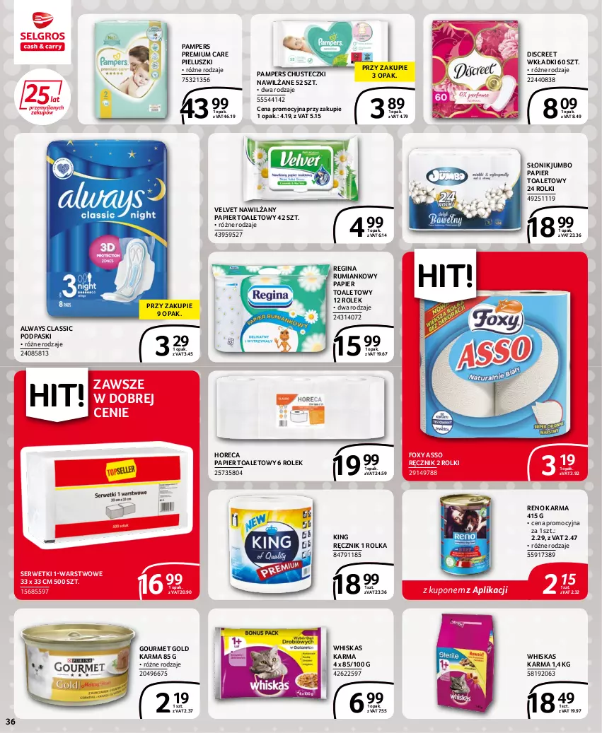 Gazetka promocyjna Selgros - Extra Oferta - ważna 14.07 do 27.07.2022 - strona 36 - produkty: Always, Chusteczki, Discreet, Foxy, Gin, Gourmet Gold, Nawilżany papier, Pampers, Papier, Papier toaletowy, Podpaski, Ręcznik, Rolki, Rum, Ser, Serwetki, Velvet, Whiskas, Wkładki