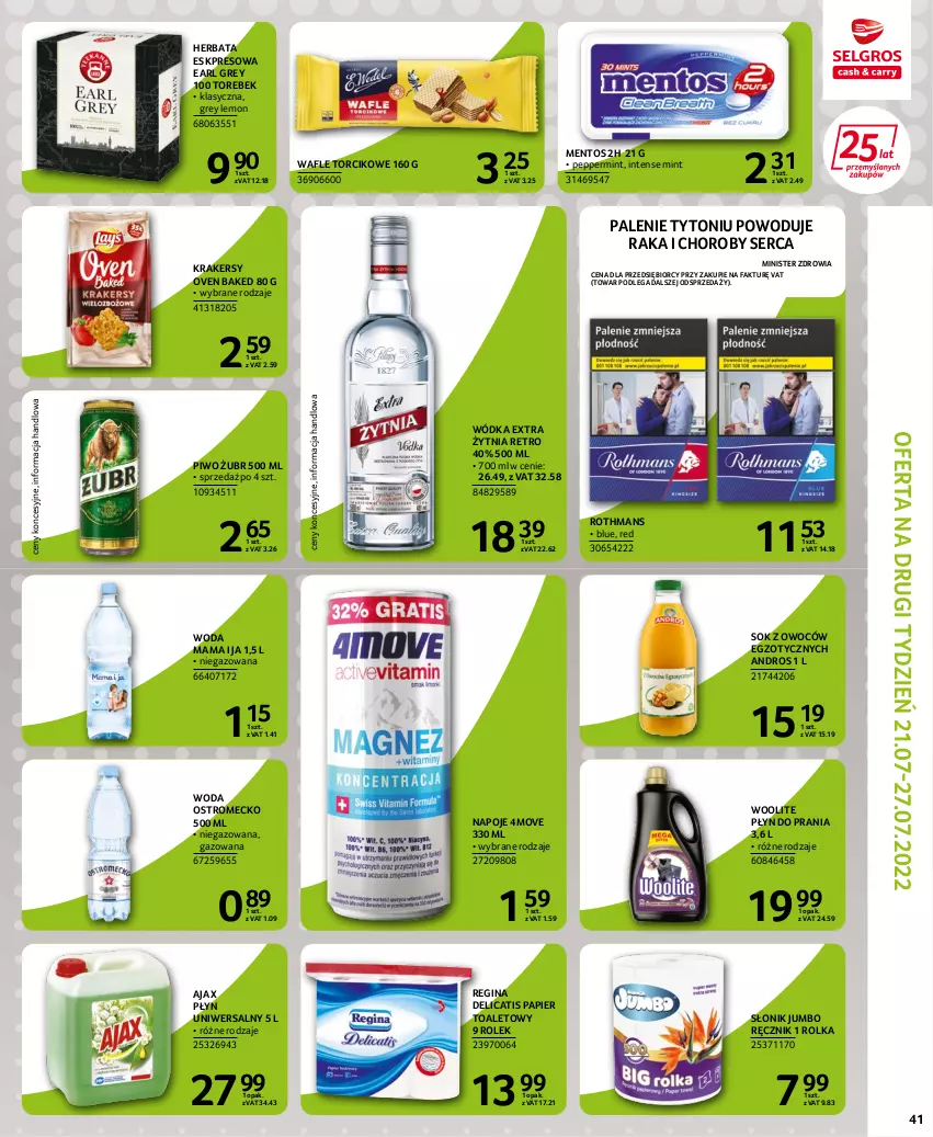 Gazetka promocyjna Selgros - Extra Oferta - ważna 14.07 do 27.07.2022 - strona 41 - produkty: Ajax, Earl Grey, Fa, Gin, Herbata, Krakersy, Mentos, Napoje, Papier, Papier toaletowy, Piwo, Płyn do prania, Ręcznik, Ser, Sok, Wafle, Woda, Wódka, Woolite