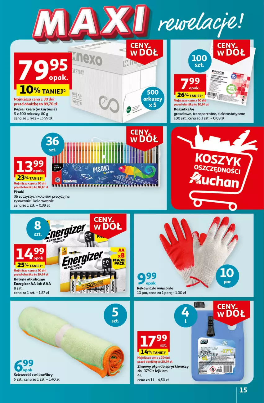 Gazetka promocyjna Auchan - Gazetka Ceny w dół Część 3 Hipermarket Auchan - ważna 18.01 do 24.01.2024 - strona 15 - produkty: Baterie alkaliczne, Energizer, Kosz, Papier, Płyn do spryskiwaczy, Ser, Tran