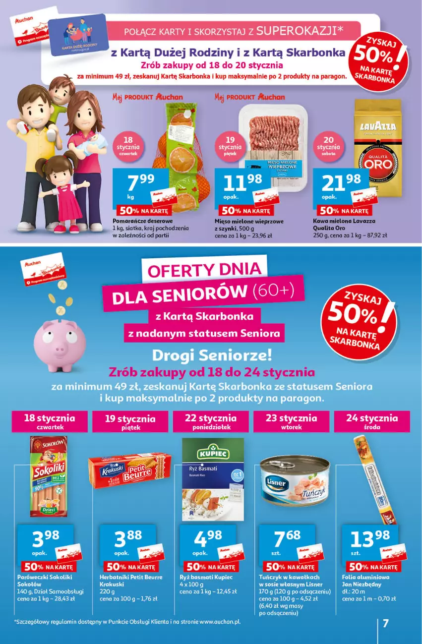 Gazetka promocyjna Auchan - Gazetka Ceny w dół Część 3 Hipermarket Auchan - ważna 18.01 do 24.01.2024 - strona 7 - produkty: Deser, Kawa, Kawa mielona, Lavazza, Mięso, Mięso mielone, Pomarańcze, Ser, Siatka