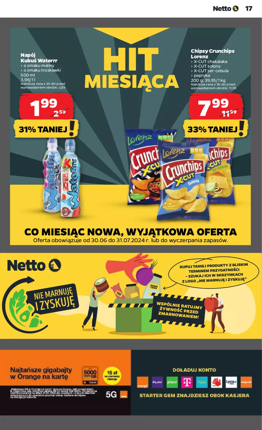 Gazetka promocyjna Netto - Od Czwartku - ważna 11.07 do 17.07.2024 - strona 17 - produkty: Cebula, Chipsy, Crunchips, Kubuś, Kubuś Waterrr, Lorenz, Maliny, Napój, Papryka, Ser, Truskawki