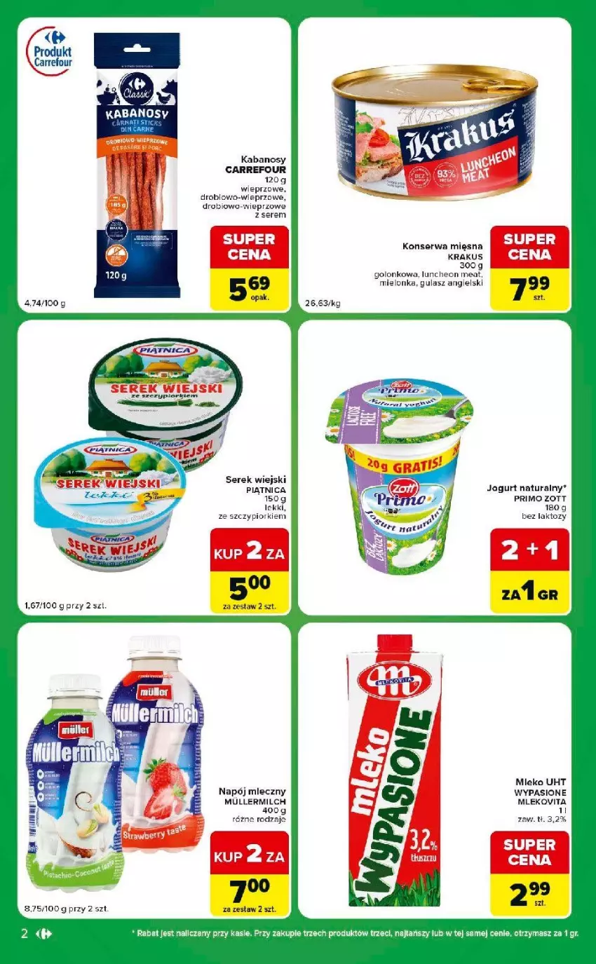 Gazetka promocyjna Carrefour - Gazetka Express w SUMIE ekspresowe zakupy - ważna 30.06 do 06.07.2026 - strona 2 - produkty: Kabanos, Krakus, Mleko, Napój, Napój mleczny, Piątnica, Ser, Serek, Serek wiejski, Zott