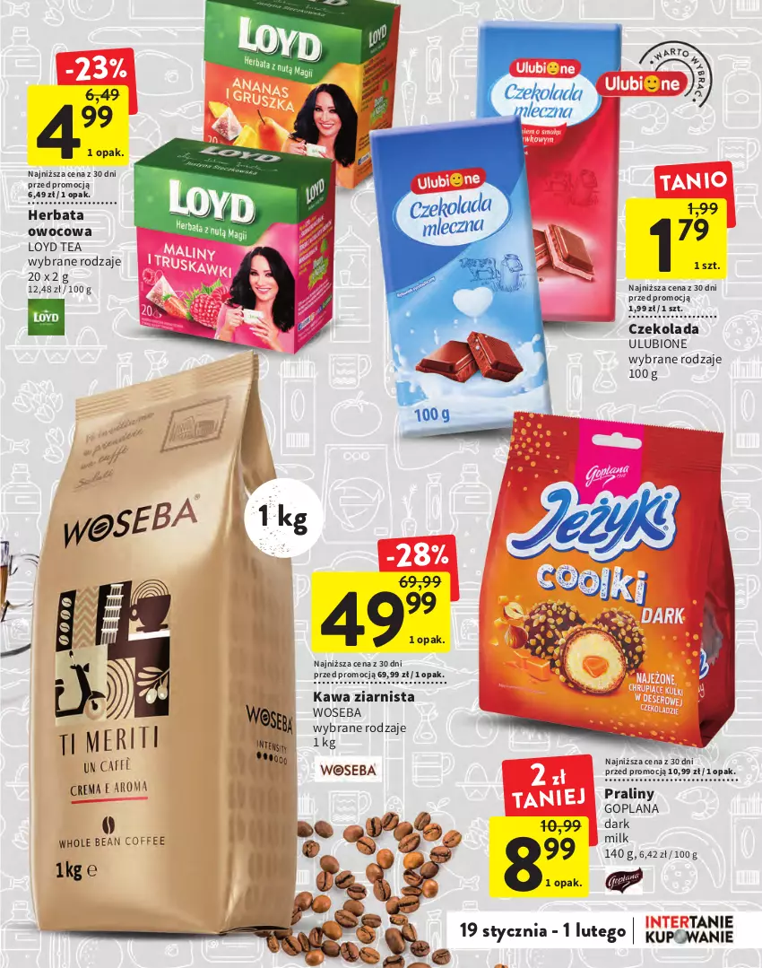 Gazetka promocyjna Intermarche - Gazetka Intermarche - ważna 19.01 do 01.02.2023 - strona 13 - produkty: Czekolada, Goplana, Herbata, Herbata owocowa, Kawa, Kawa ziarnista, LANA, Loyd, Praliny, Woseba