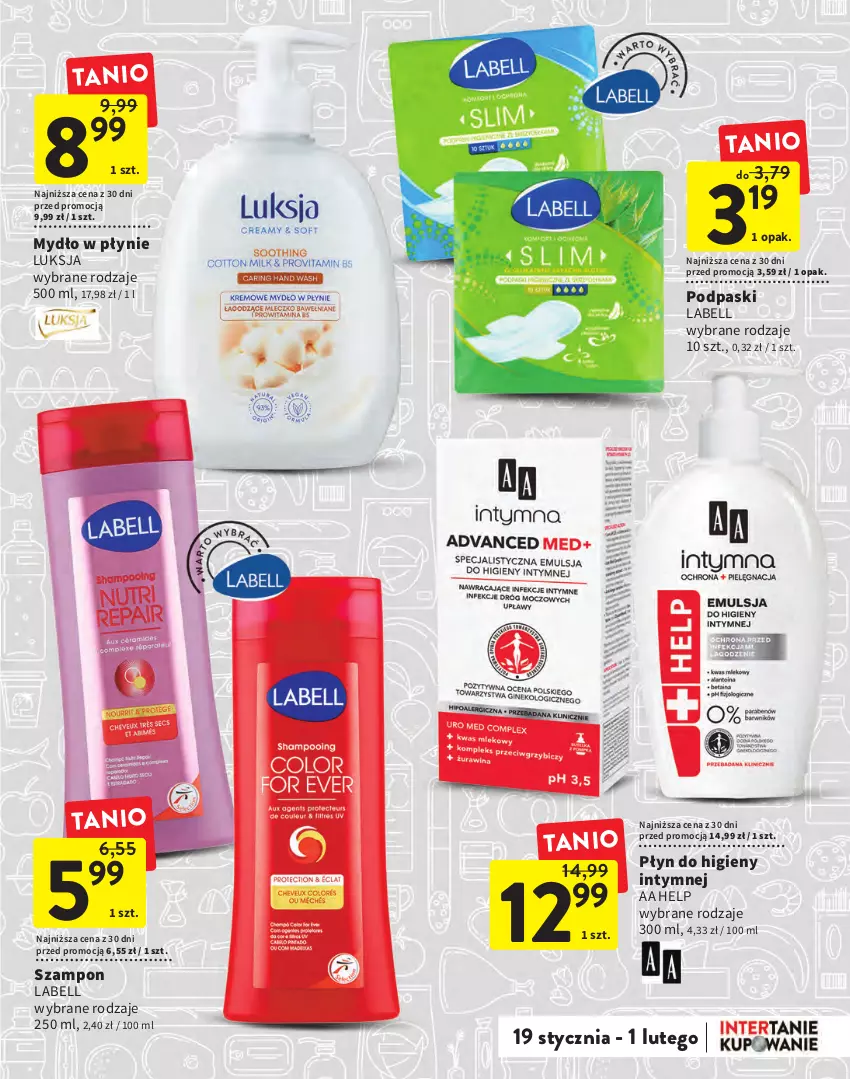 Gazetka promocyjna Intermarche - Gazetka Intermarche - ważna 19.01 do 01.02.2023 - strona 19 - produkty: Bell, Luksja, Mydło, Mydło w płynie, Płyn do higieny intymnej, Podpaski, Szampon