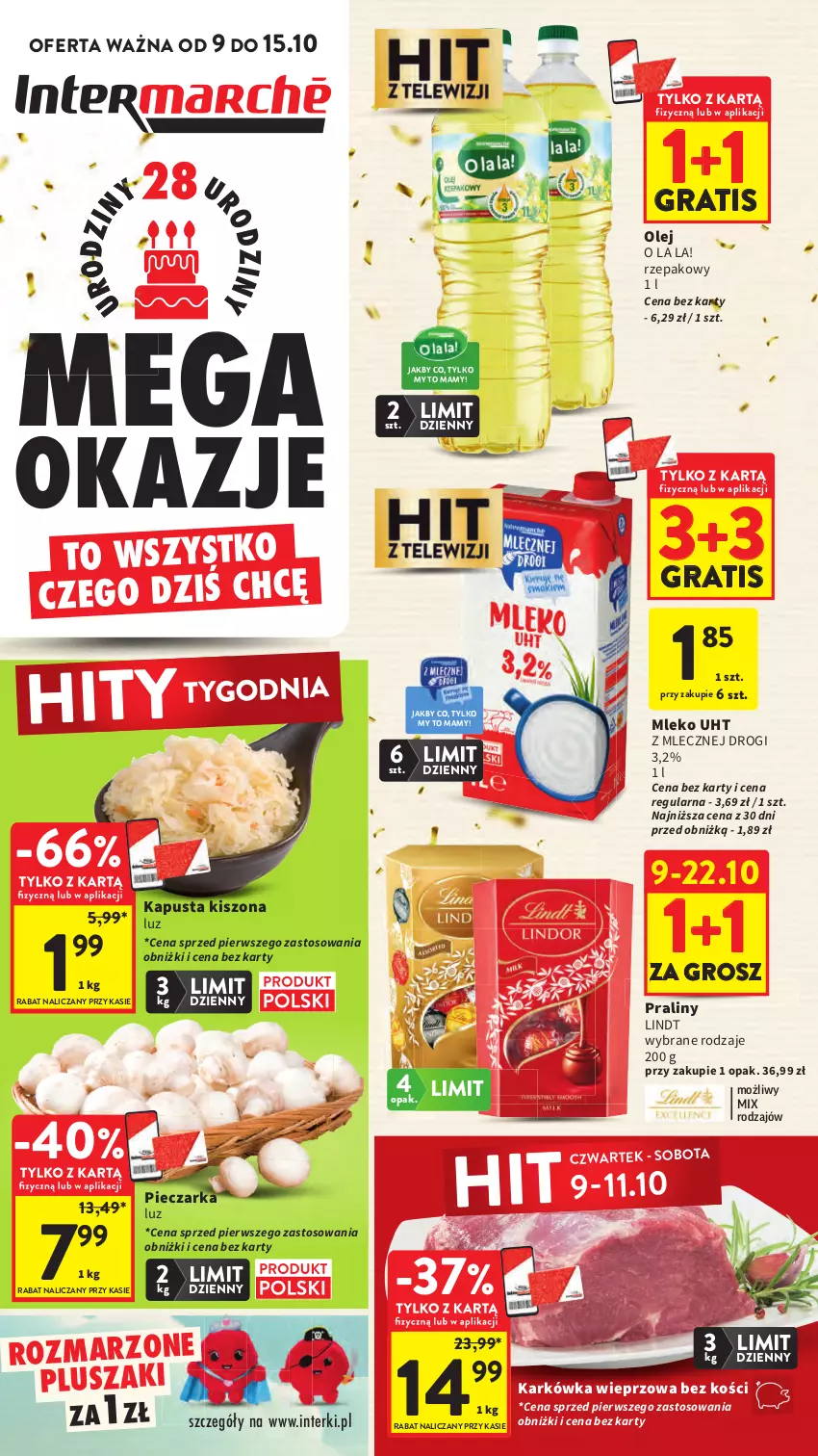 Gazetka promocyjna Intermarche - Gazetka promocyjna - ważna 09.10 do 15.10.2025 - strona 1 - produkty: Gra, Karkówka wieprzowa, Lindt, Mleko, Olej, Piec, Pieczarka, Pluszak, Praliny
