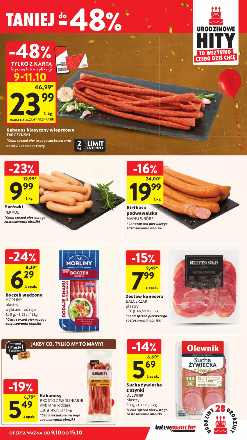 Gazetka promocyjna Intermarche - Gazetka promocyjna - ważna 09.10 do 15.10.2025 - strona 27 - produkty: Boczek, Kabanos, Kiełbasa, Kiełbasa podwawelska, Madej Wróbel, Morliny, Olewnik, Parówki, Pekpol, Ser, Tarczyński, Wawel