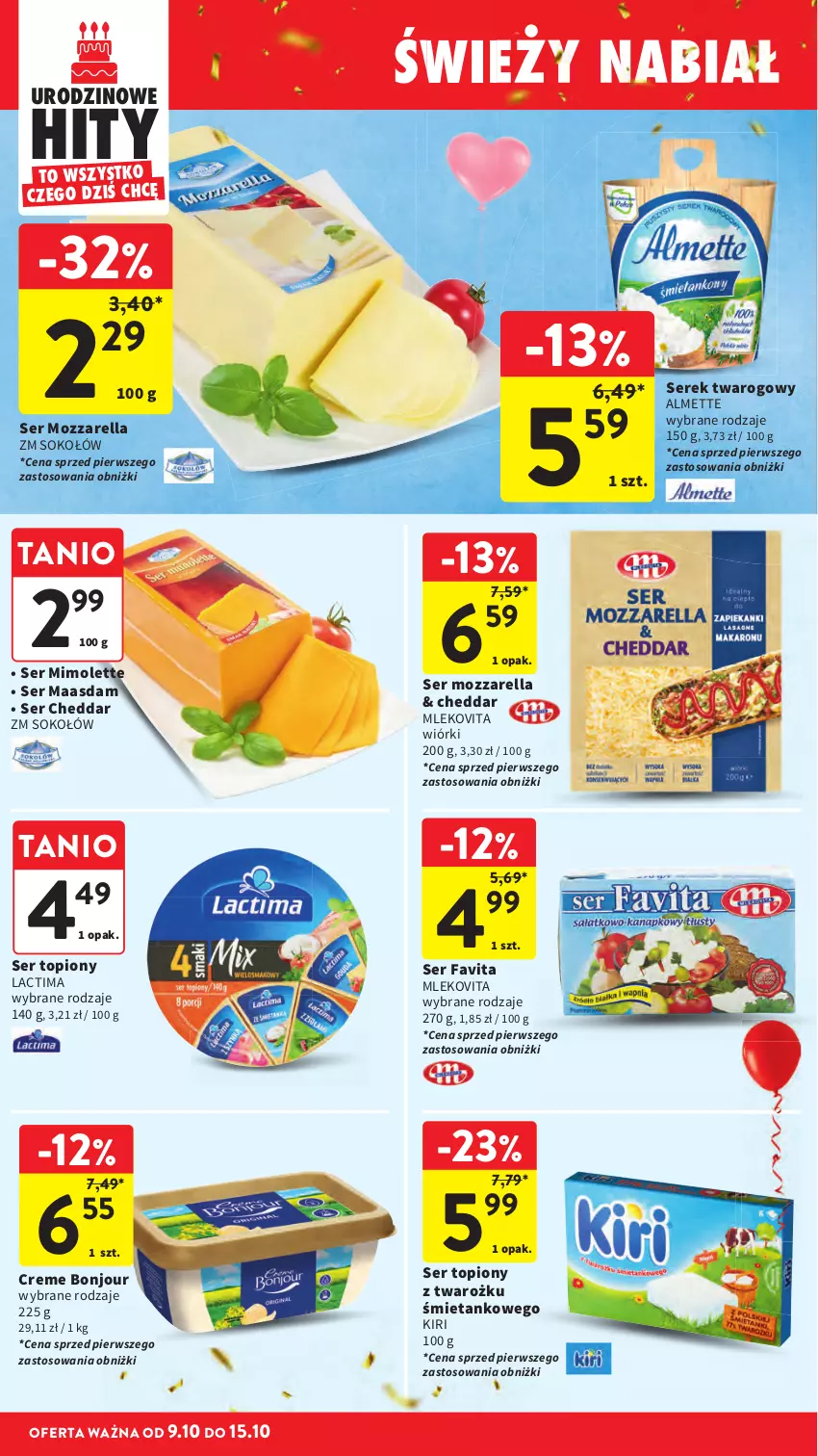 Gazetka promocyjna Intermarche - Gazetka promocyjna - ważna 09.10 do 15.10.2025 - strona 28 - produkty: Almette, Cheddar, Fa, Favita, Maasdam, Mimolette, Mleko, Mlekovita, Mozzarella, Ser, Ser topiony, Serek, Serek twarogowy, Sok, Sokołów, Top