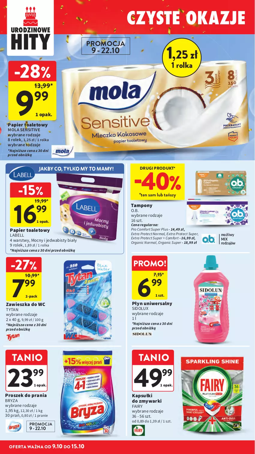 Gazetka promocyjna Intermarche - Gazetka promocyjna - ważna 09.10 do 15.10.2025 - strona 42 - produkty: Bell, Bryza, Fa, Fairy, Mola, O.B., Papier, Papier toaletowy, Proszek do prania, Sidolux, Tampony, Tytan, Zawieszka do wc, Zmywarki