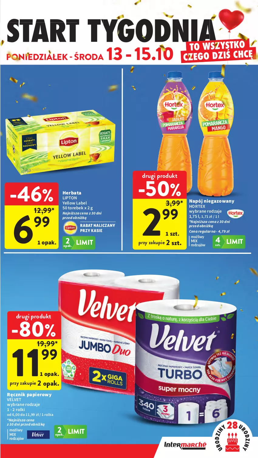 Gazetka promocyjna Intermarche - Gazetka promocyjna - ważna 09.10 do 15.10.2025 - strona 48 - produkty: Herbata, Hortex, Lipton, Napój, Napój niegazowany, Papier, Ręcznik, Rolki, Velvet