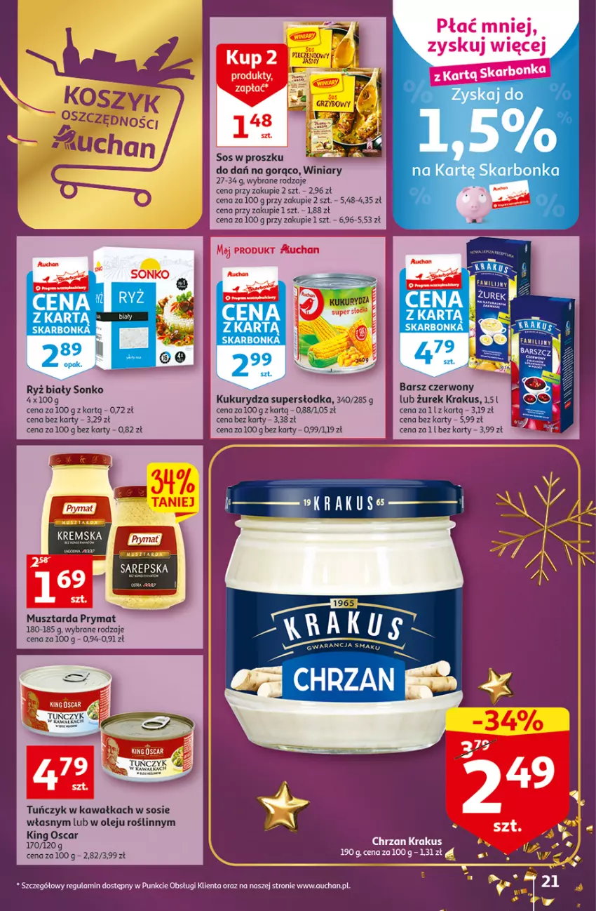 Gazetka promocyjna Auchan - Gazetka Magia Świąt Auchan Hipermarket - ważna 08.12 do 14.12.2022 - strona 21 - produkty: Kawa, Krakus, Kukurydza, Mus, Musztarda, Olej, Prymat, Ryż, Ryż biały, Sonko, Sos, Tuńczyk, Winiary