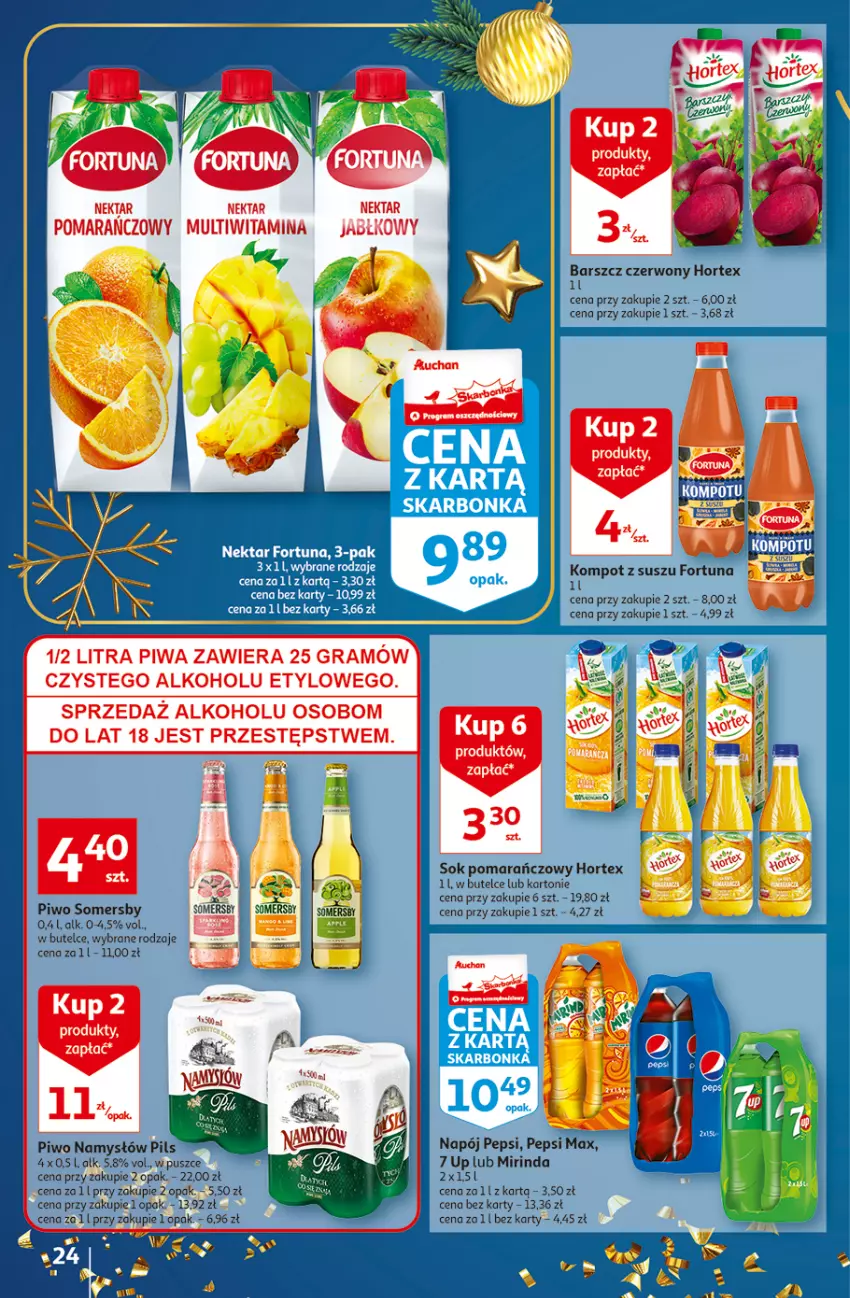 Gazetka promocyjna Auchan - Gazetka Magia Świąt Auchan Hipermarket - ważna 08.12 do 14.12.2022 - strona 24 - produkty: Fortuna, Gra, Hortex, Mirinda, Namysłów, Napój, Nektar, Pepsi, Pepsi max, Piwa, Piwo, Sok, Sok pomarańczowy, Somersby