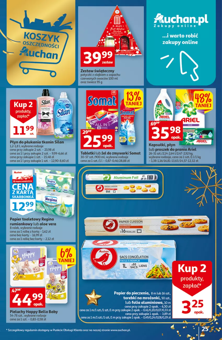 Gazetka promocyjna Auchan - Gazetka Magia Świąt Auchan Hipermarket - ważna 08.12 do 14.12.2022 - strona 25 - produkty: Aloe vera, Ariel, Bell, Bella, Gin, Olej, Papier, Papier toaletowy, Pieluchy, Płyn do płukania, Proszek do prania, Rum, Silan, Somat, Tablet, Zmywarki